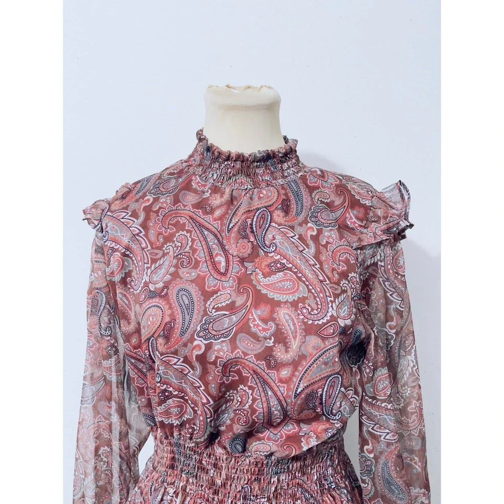 Sunday Up Women Paisley Smocked‎ Waist Ruffle Dress Medium Terracotta Boho Mini